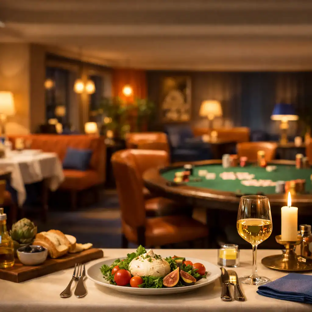 A moody restaurant table at night with a hint of a poker table in the background