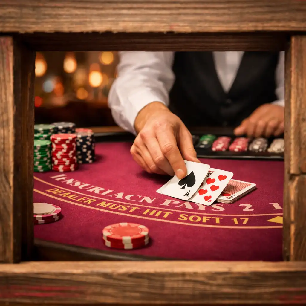 Blackjack table with cards, chips, and a dealer's shoe in an elegant lounge