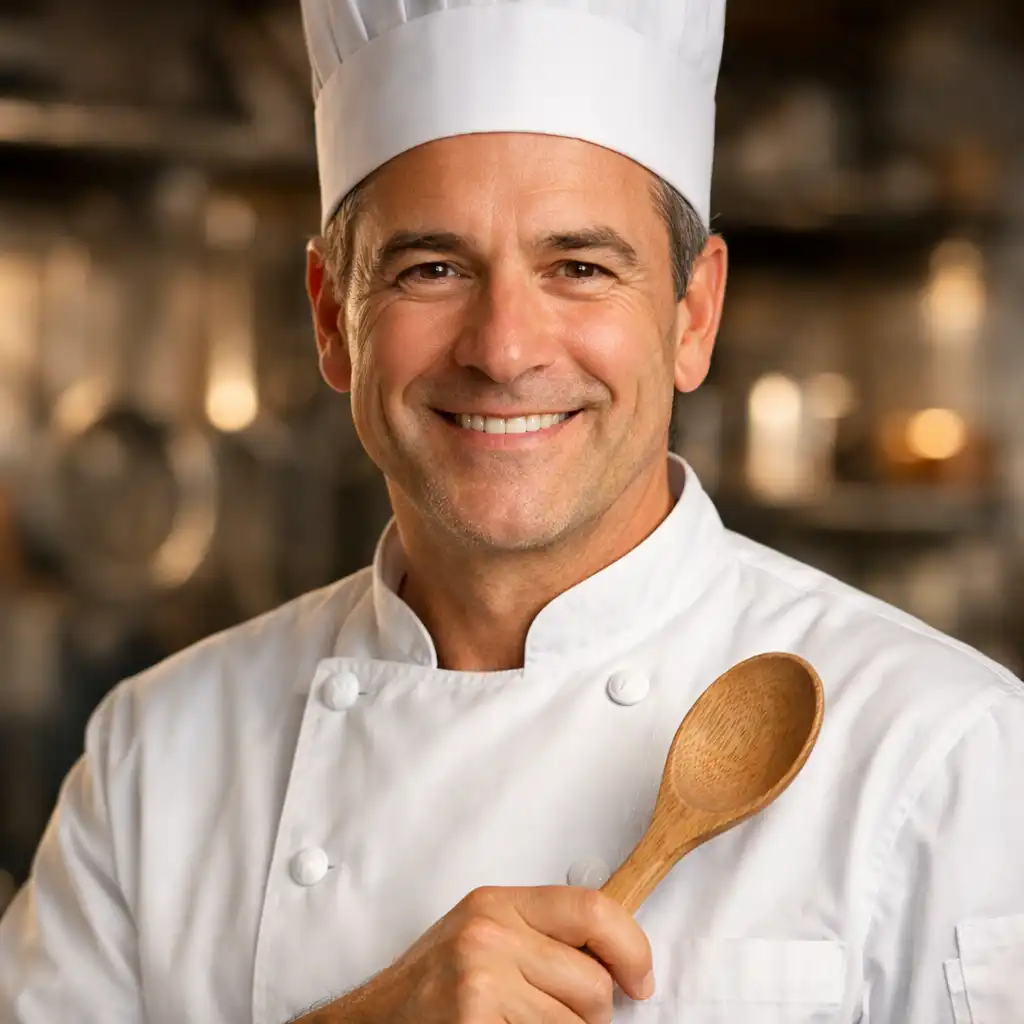 Head chef in a white uniform smiling in the kitchen