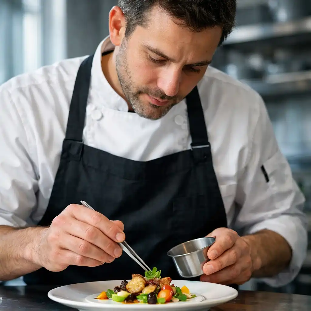 Sous chef plating a dish with precision in the kitchen