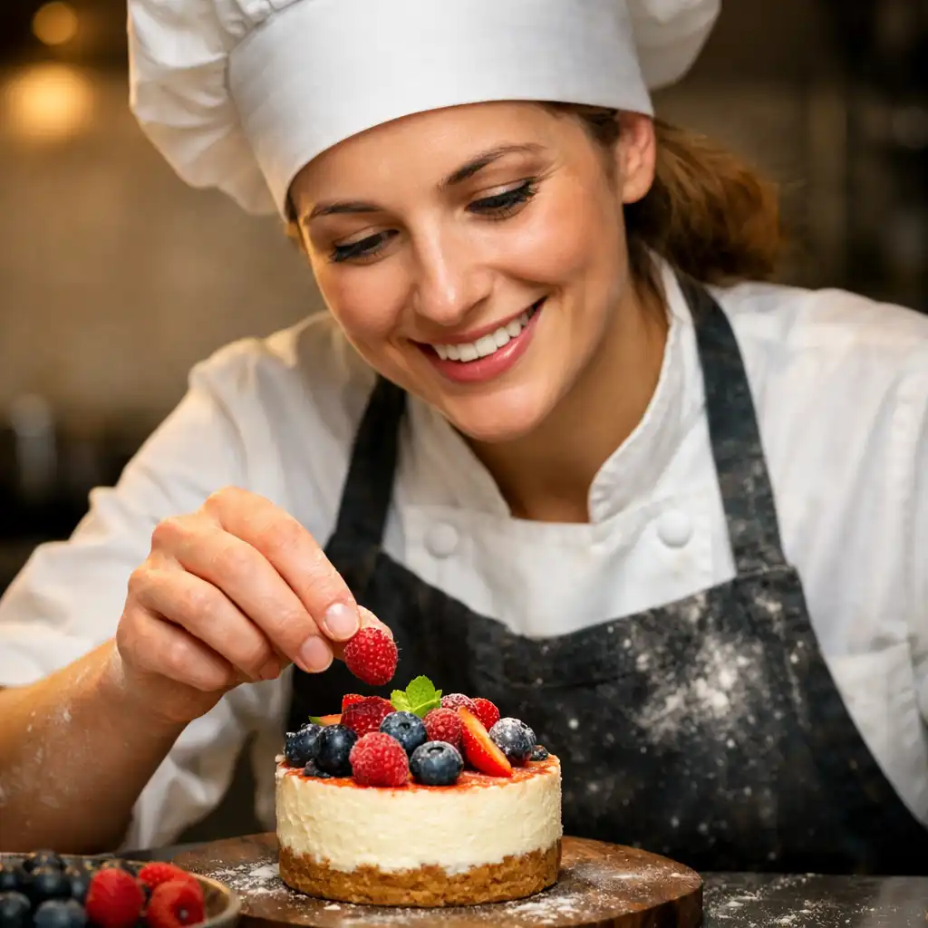 Pastry chef decorating a dessert with fresh berries