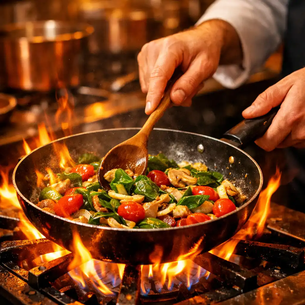 A chef's hands stirring a pan with fresh ingredients over a flame in a professional kitchen