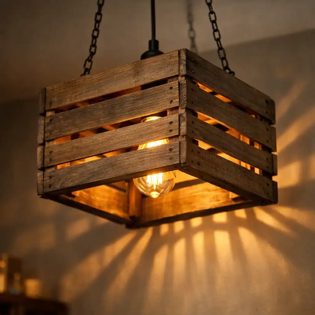 Close-up of a pendant light made from an inverted wooden crate, casting warm patterned shadows