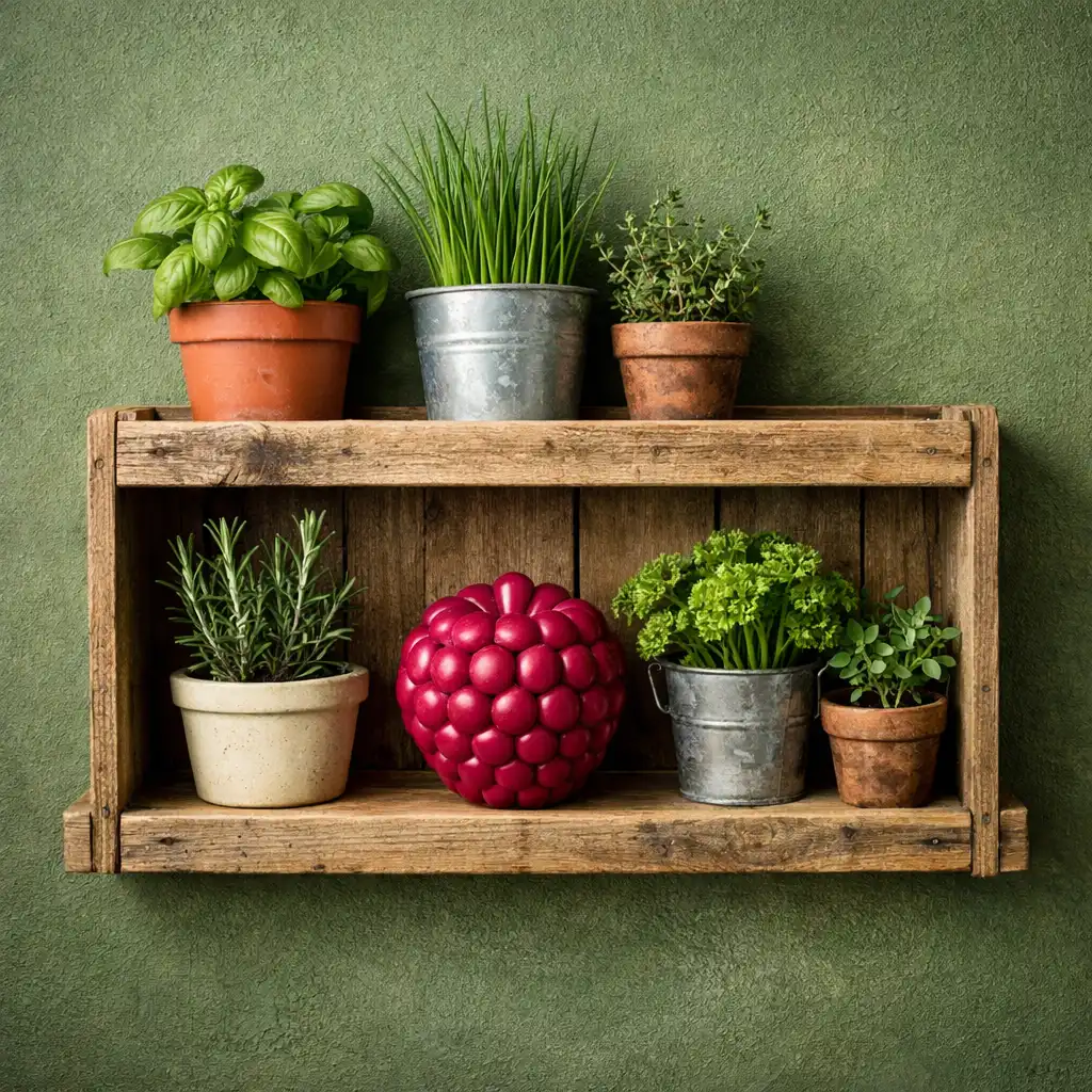 Close-up of a leafy green accent wall with a wooden crate shelf displaying potted herbs and a raspberry-colored object