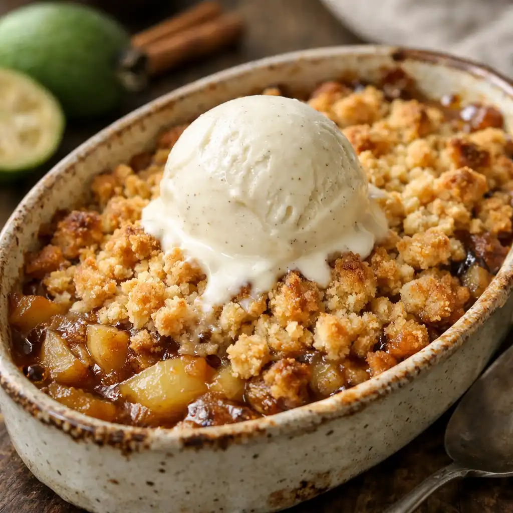 Warm apple and feijoa crumble with vanilla bean ice cream