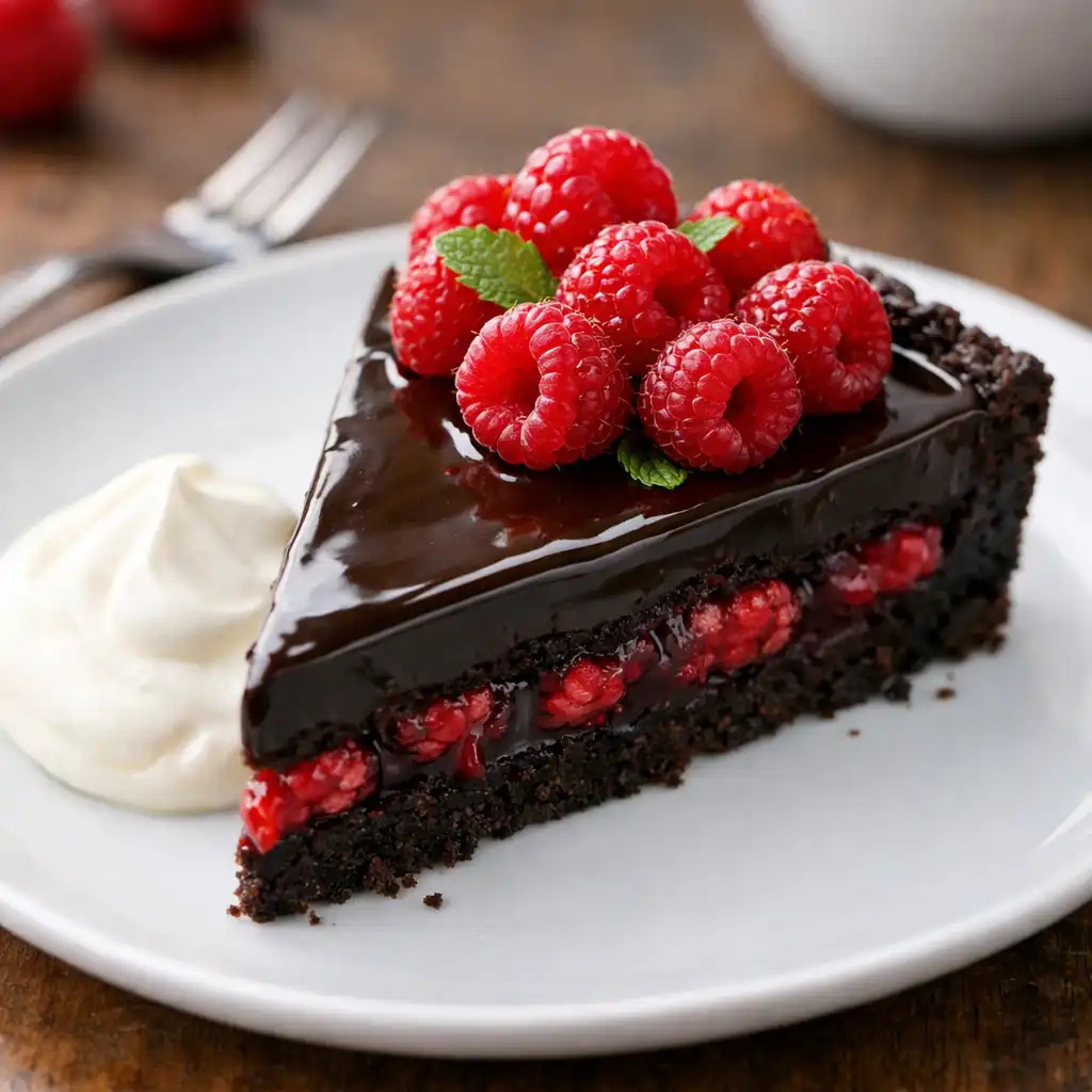 Dark chocolate and raspberry tart with crème fraîche