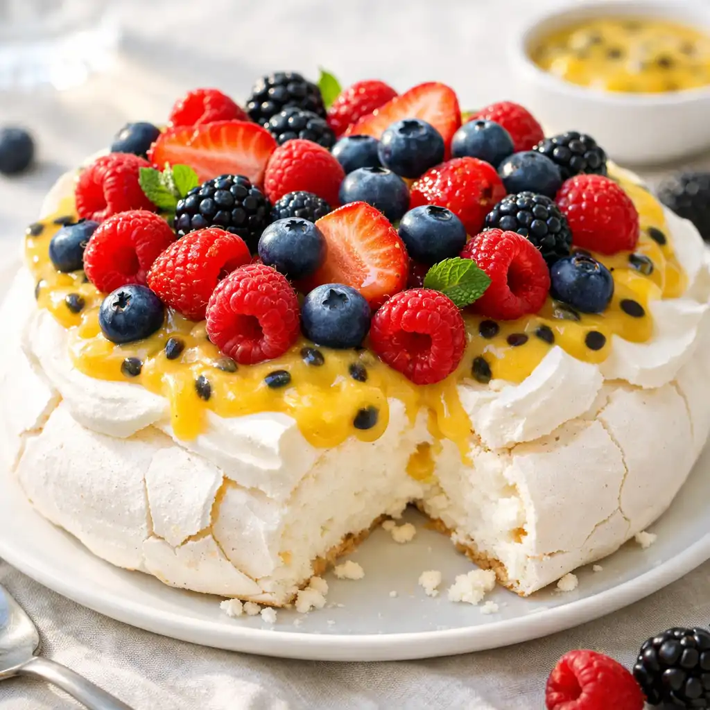 Pavlova with fresh berries and passionfruit curd