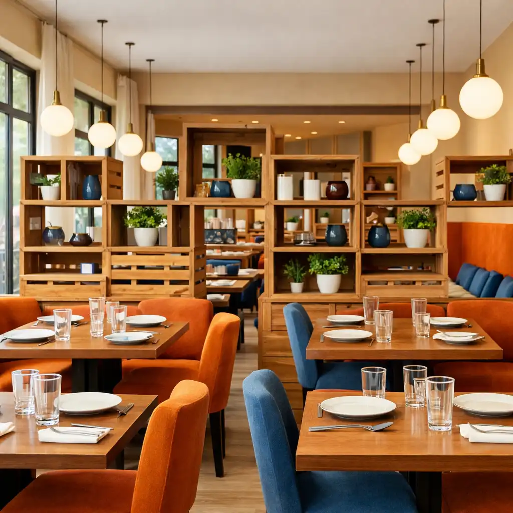 A wide view of the modern dining room with crate-like wooden room dividers and tables set for dinner