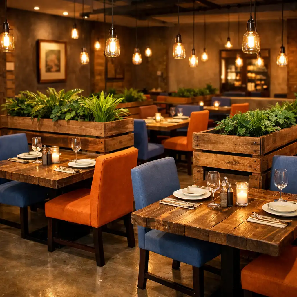 Corner view of the main dining room with wooden crate partitions, reclaimed wood tables, and colorful upholstered chairs