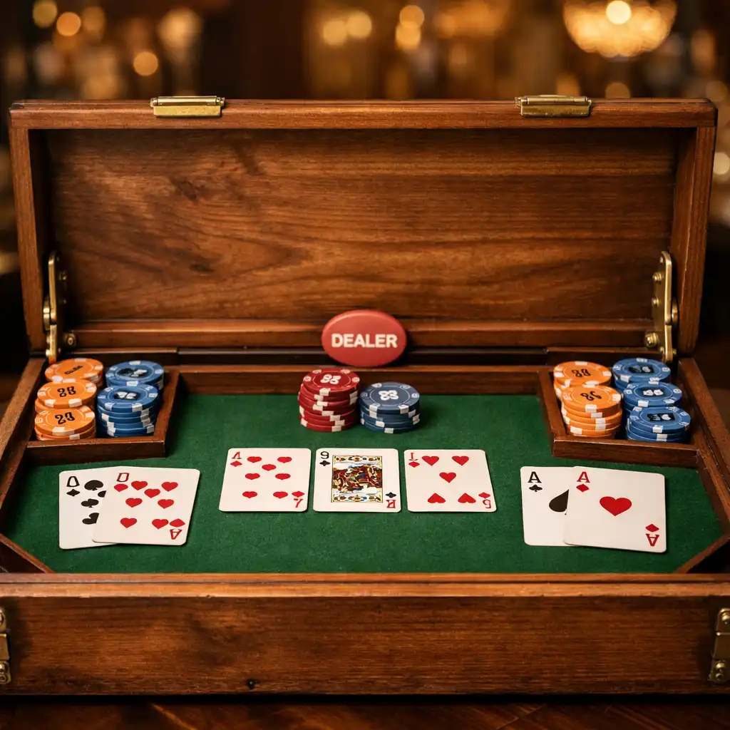 Wooden crate compartment opened to reveal an elegant poker table with cards and chips