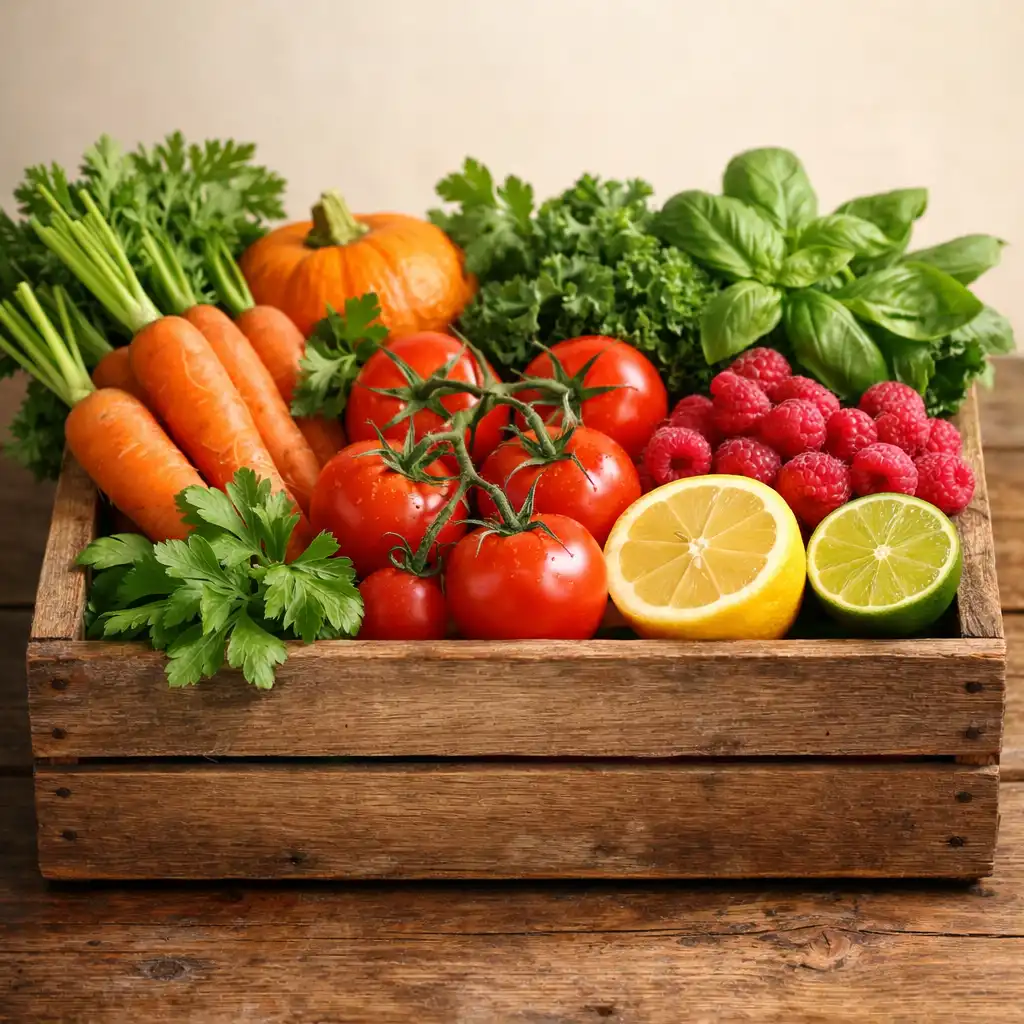 A wooden produce crate filled with fresh seasonal vegetables and herbs on a rustic table
