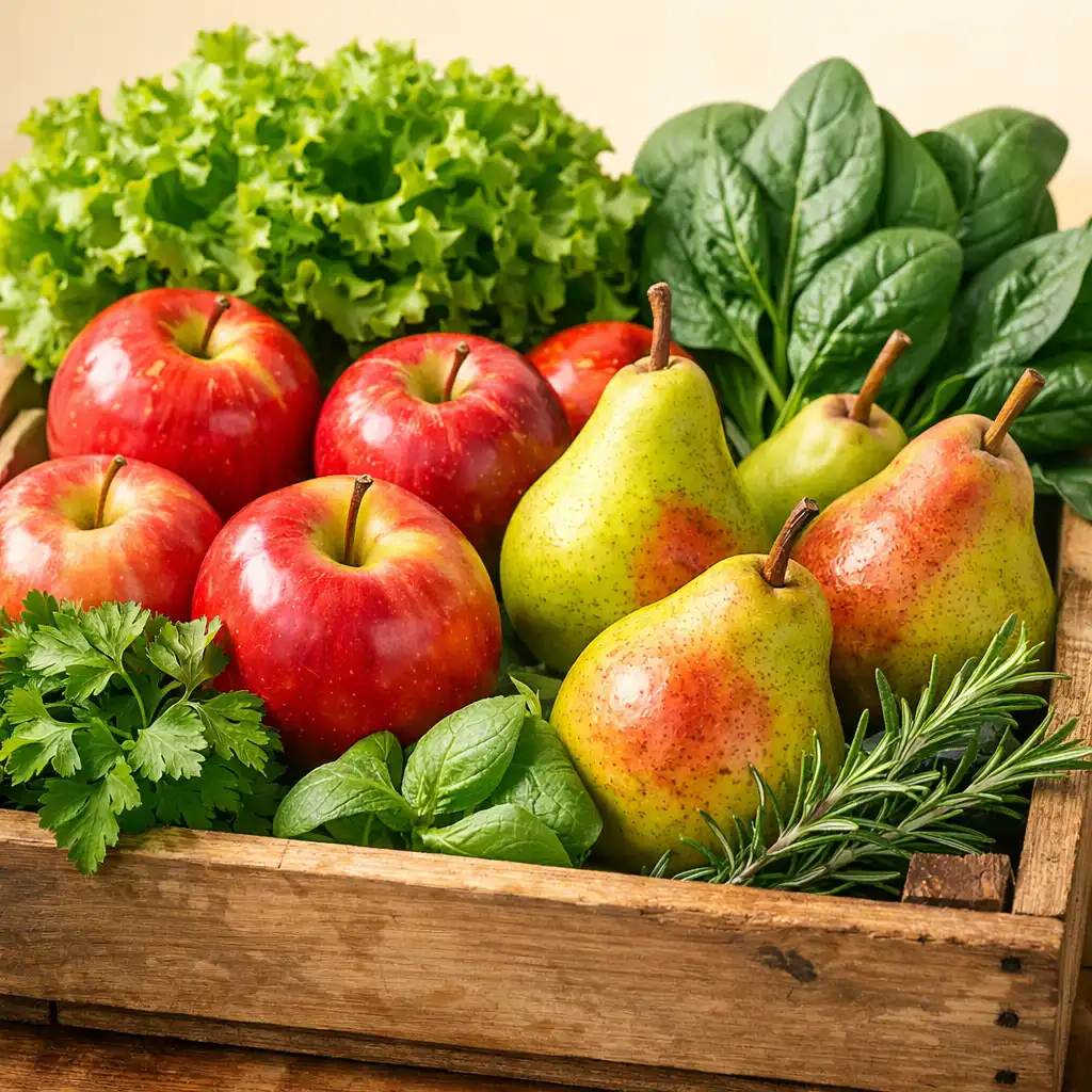 A close-up of fresh apples, pears, and leafy greens arranged in a wooden crate on a market-style table