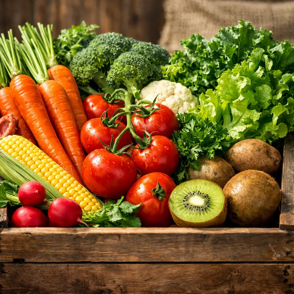 Fresh New Zealand produce arranged in a wooden crate