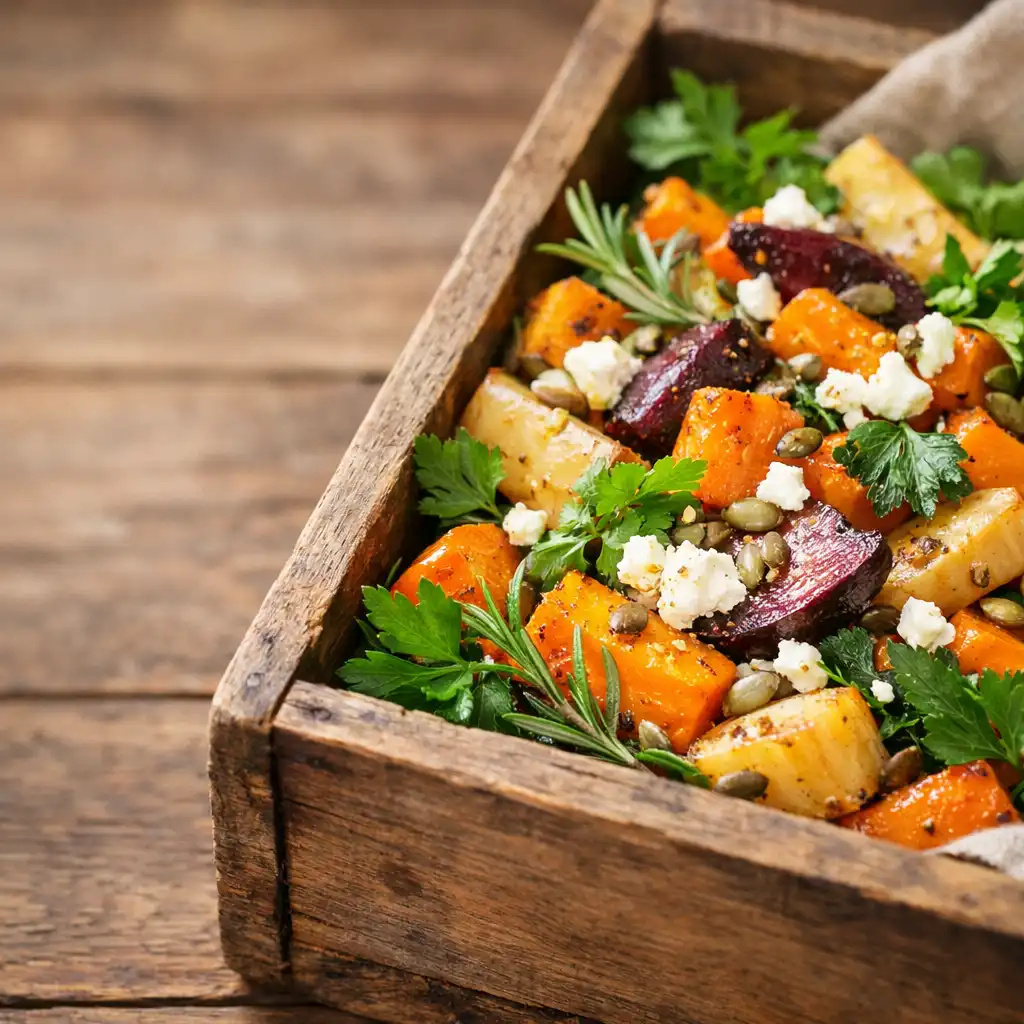 A vibrant close-up of a seasonal New Zealand dish featuring roasted root vegetables and fresh herbs, arranged inside a rustic wooden produce crate.
