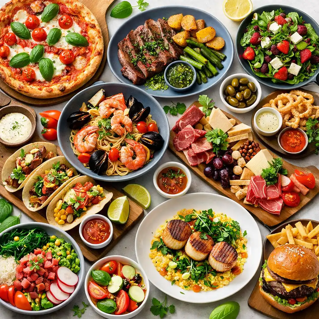 A spread of various dishes on a table showcasing the restaurant's menu variety