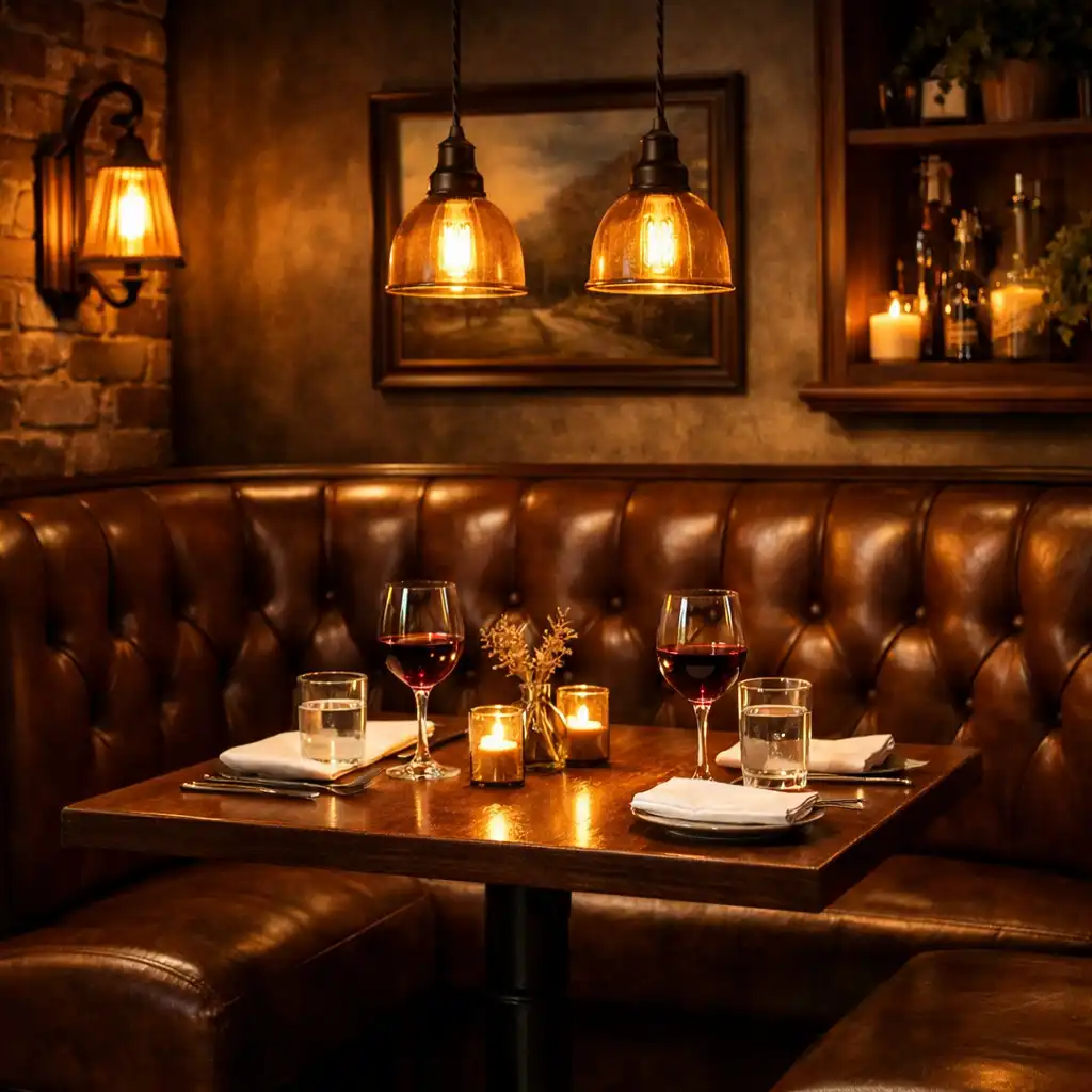 A cozy corner of the restaurant with a leather booth and warm pendant lights