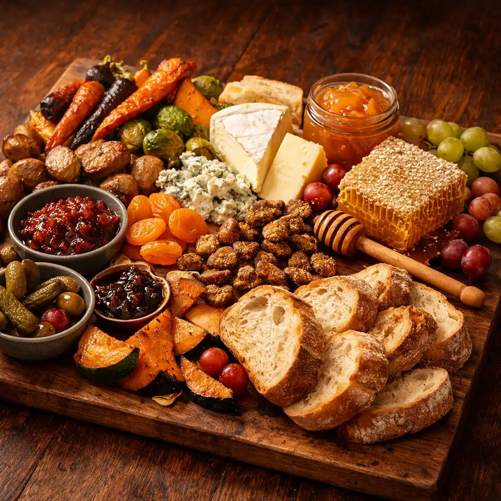 A generous harvest platter with roasted vegetables, artisan cheeses, preserves, warm bread, and honeycomb on a dark wooden table