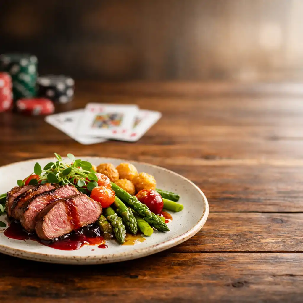 A beautifully plated dish on a rustic table with subtle hints of playing cards and chips in the background