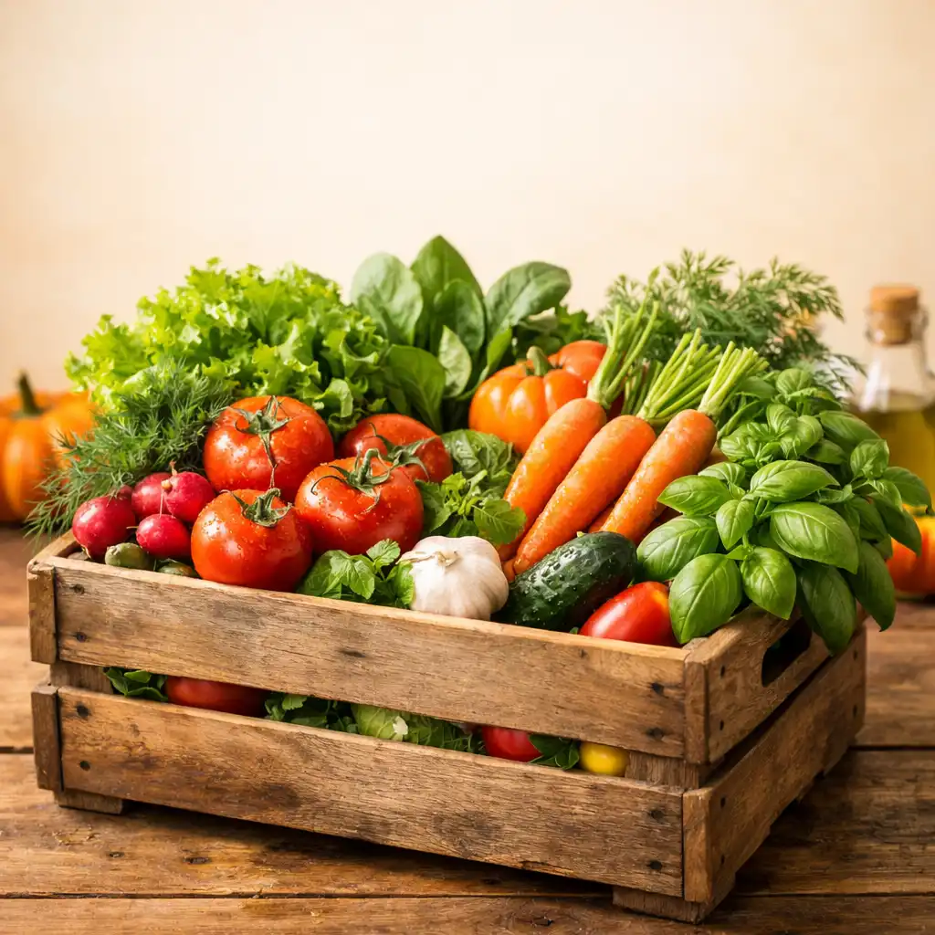 A vibrant wooden produce crate overflowing with fresh vegetables and herbs on a rustic table