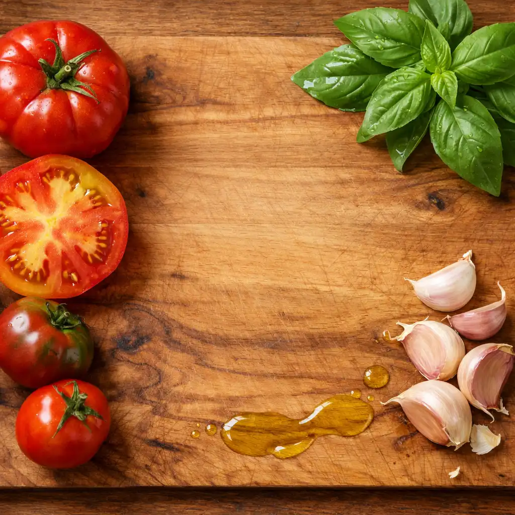 Close-up of fresh heirloom tomatoes, basil leaves, garlic cloves, and olive oil on a wooden cutting board