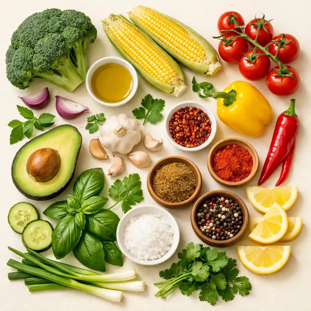 Flat lay of raw ingredients including fresh vegetables, herbs, and spices on a cream background