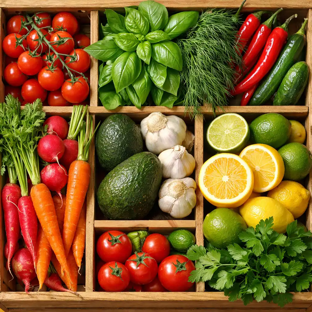 Fresh vegetables, herbs, and citrus arranged in a wooden market crate