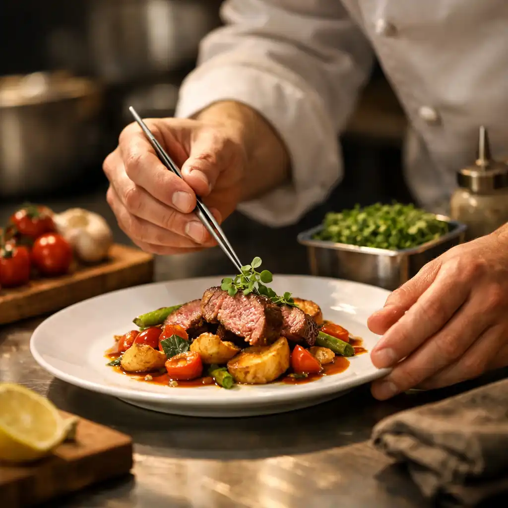 A chef carefully plating a dish in a professional kitchen