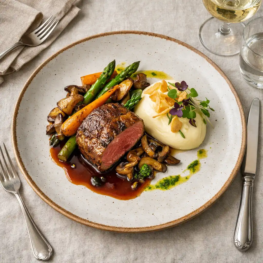 A finished gourmet dish on a ceramic plate with elegant tableware