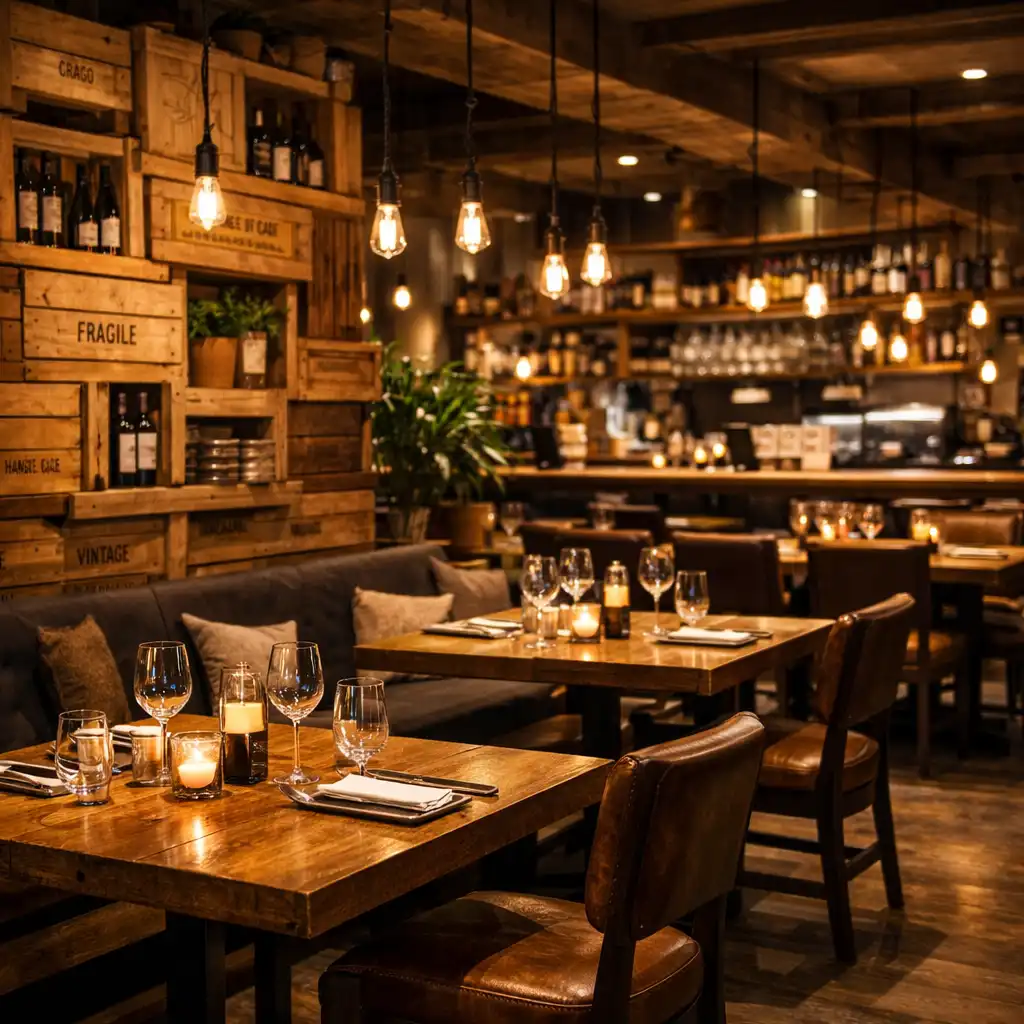 Wide view of the restaurant interior with wooden tables and warm lighting