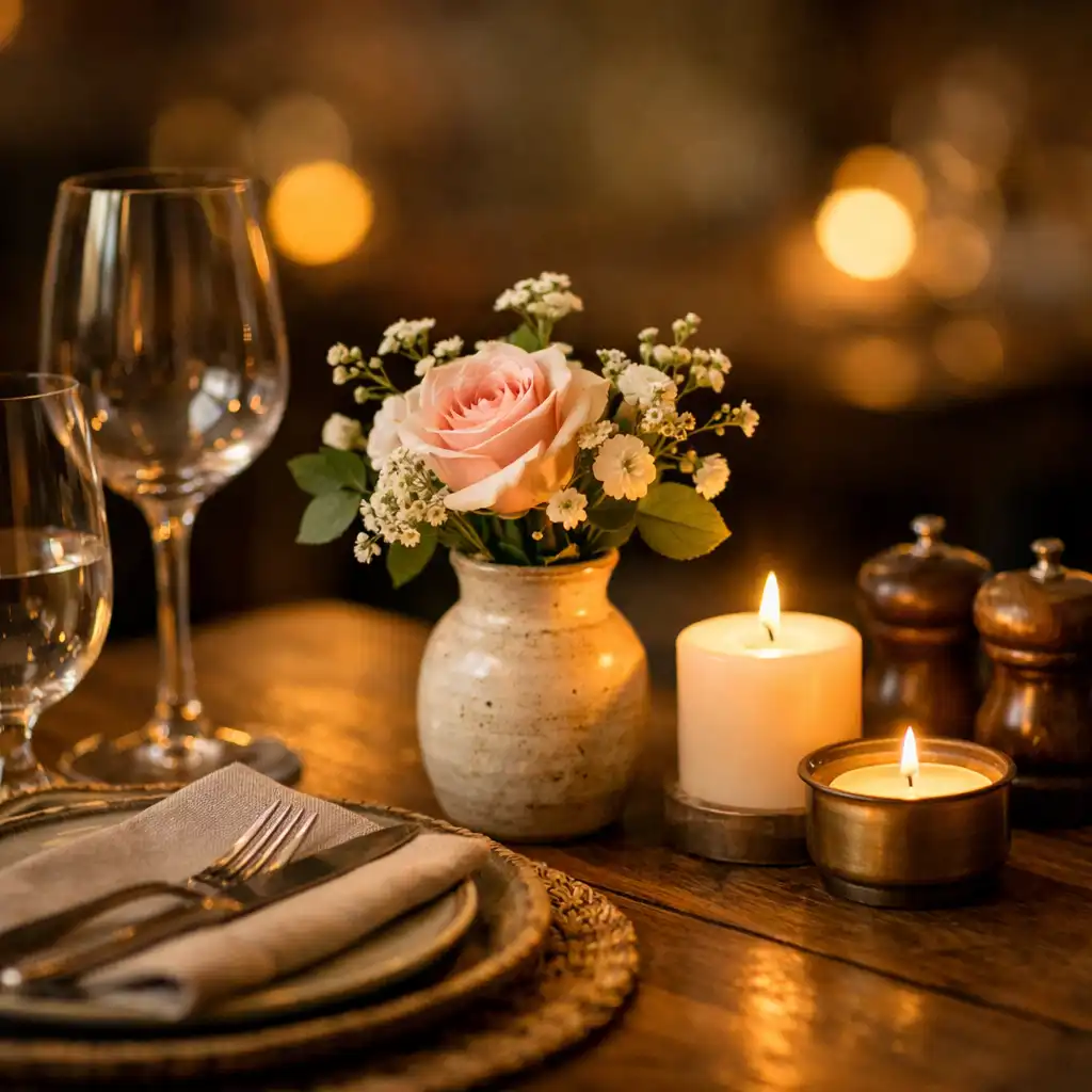 Close-up of a restaurant table setting with natural materials and candlelight