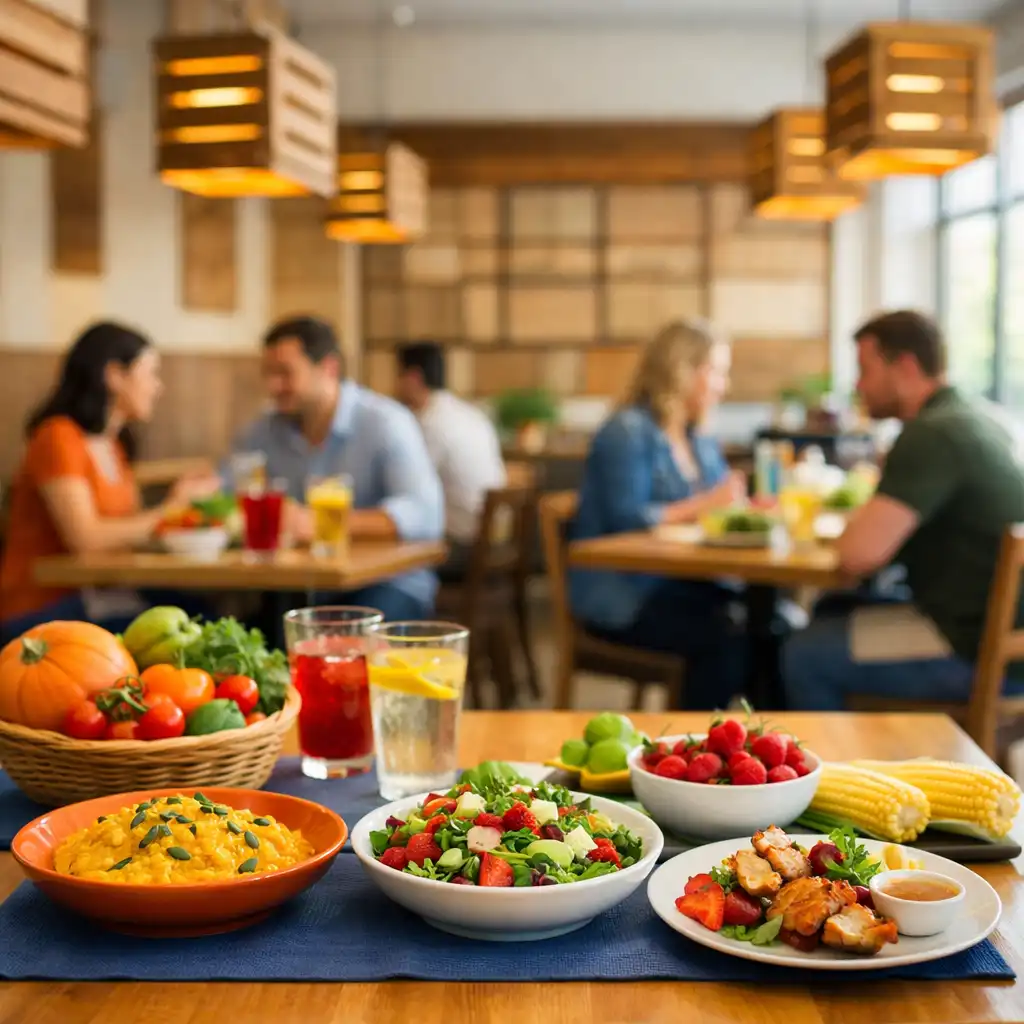 Wide view of the Dining Harvest dining room with crate-like partitions, pendant lights, and diners enjoying fresh dishes