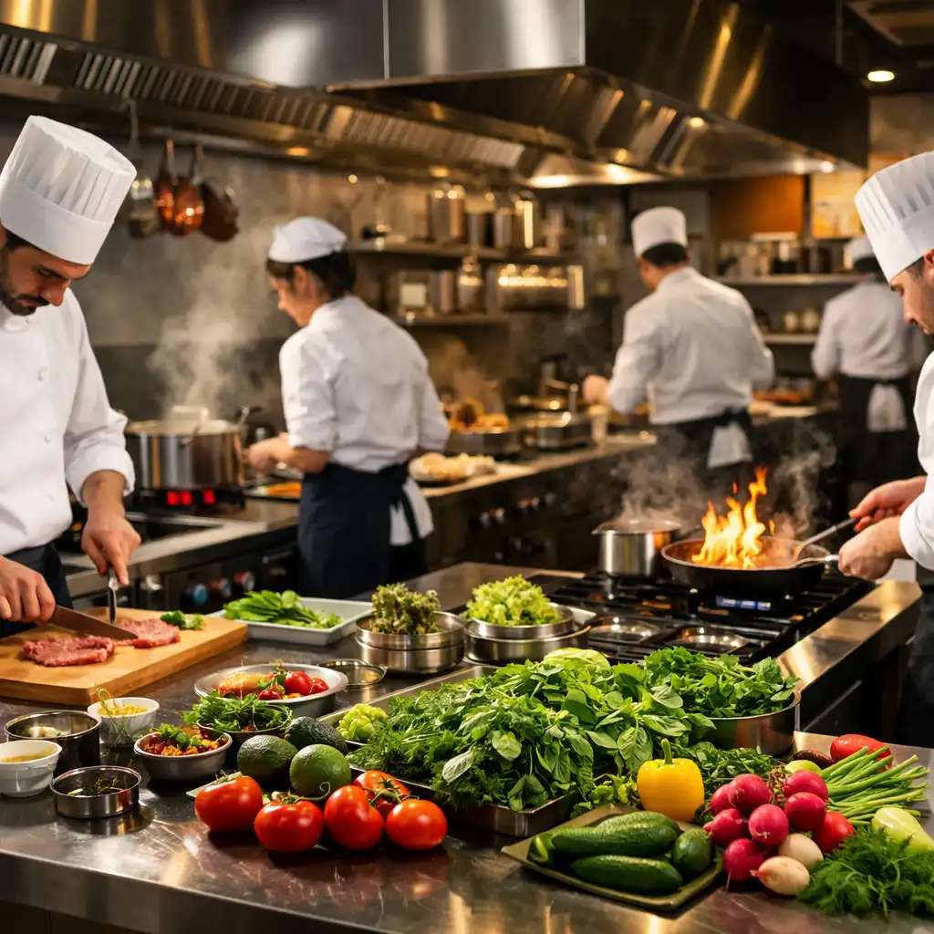 Chefs working in the Dining Harvest kitchen with fresh vegetables and herbs on the counter