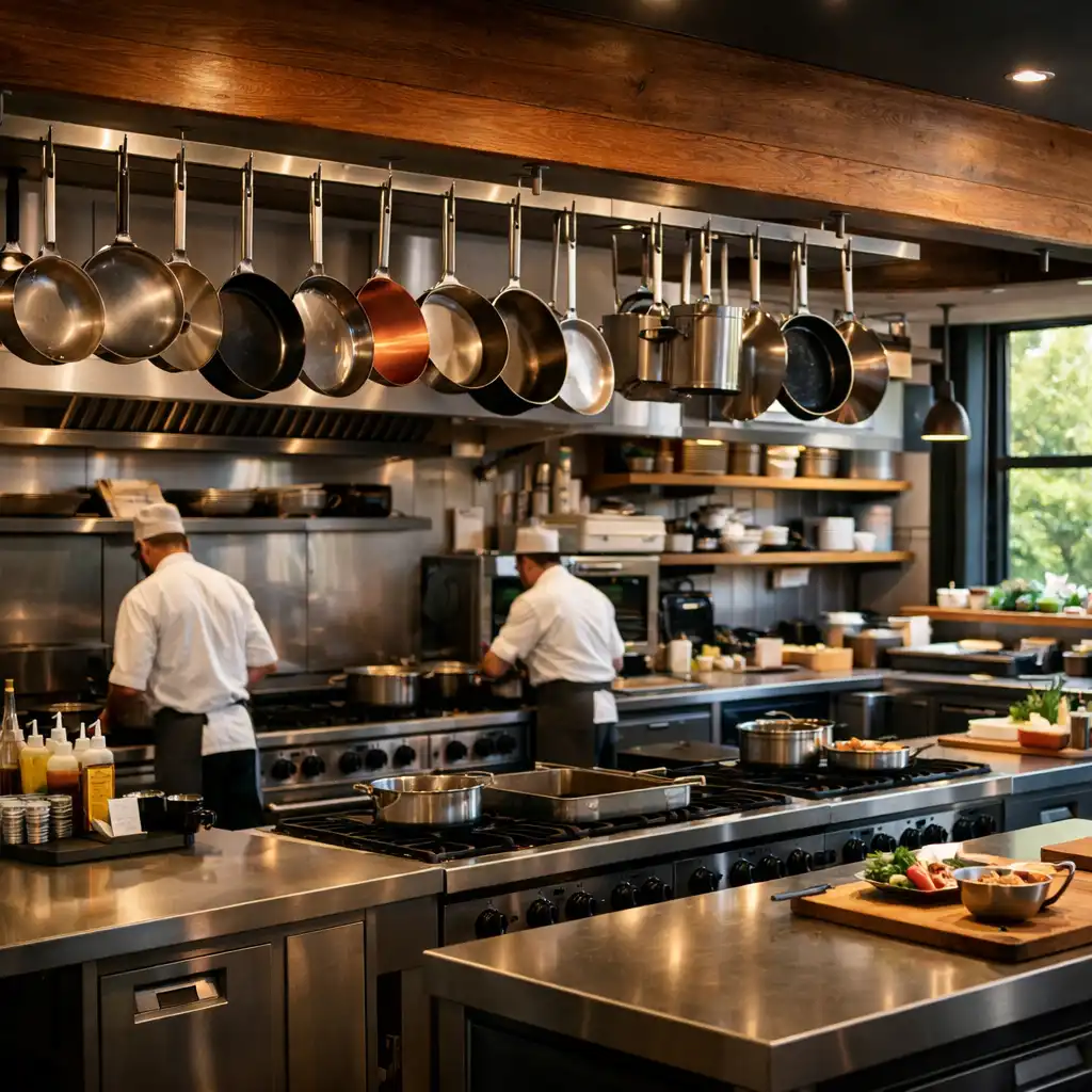 Wide interior view of the Dining Harvest kitchen with stainless steel counters and natural light