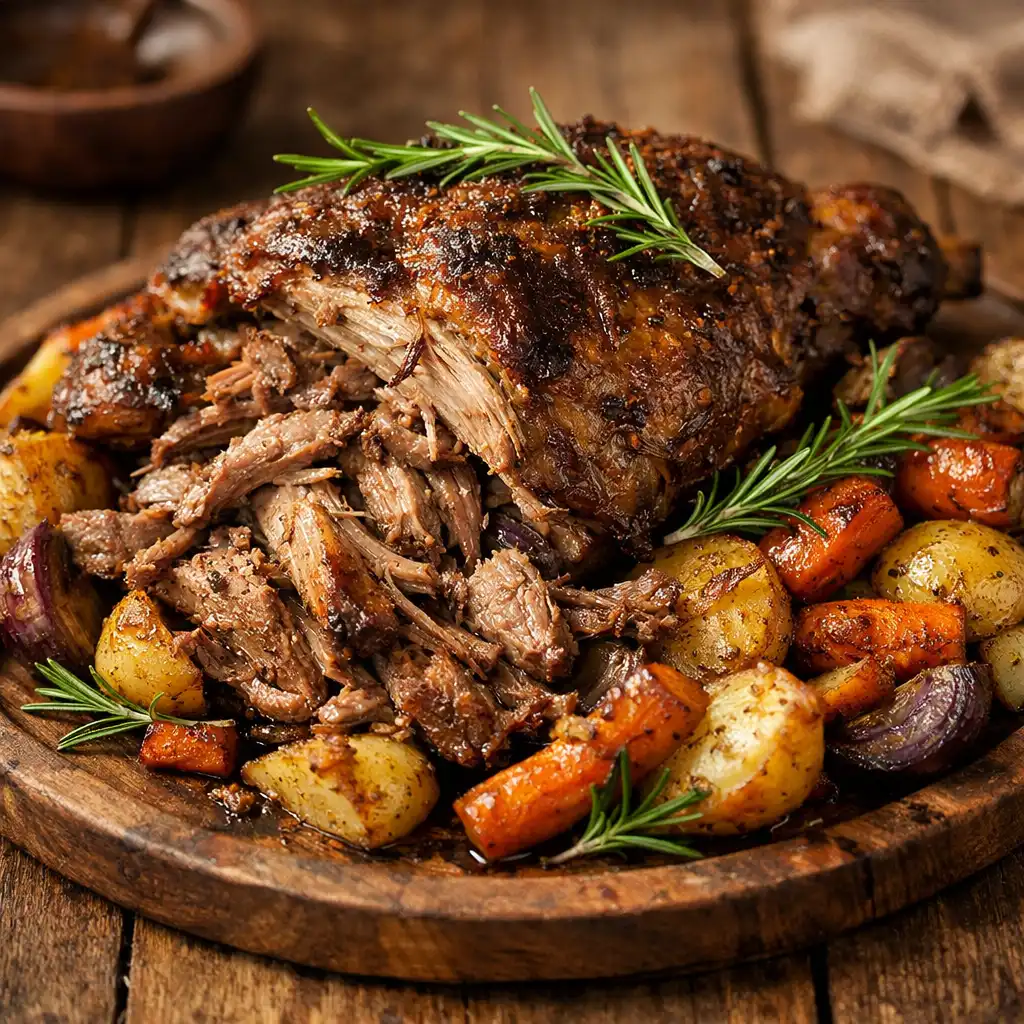 Slow-cooked lamb shoulder with rosemary and root vegetables