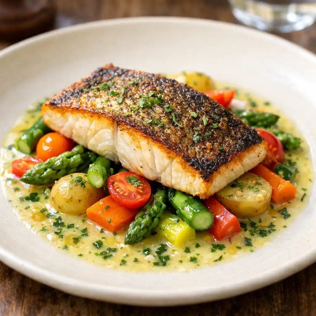 Pan-seared market fish with seasonal vegetables and herb butter