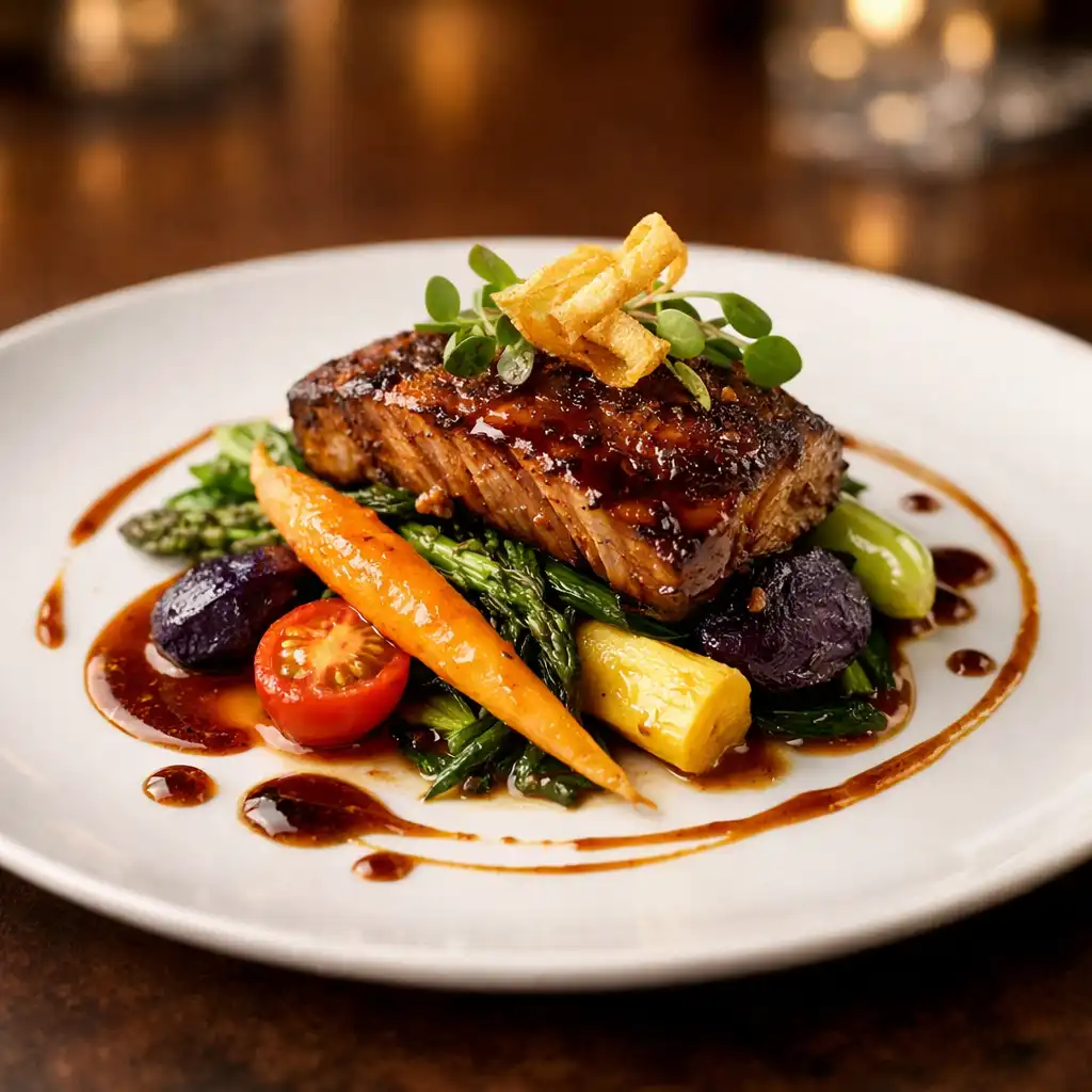 A finished signature dish plated elegantly on a white plate with colorful vegetables and sauce drizzle