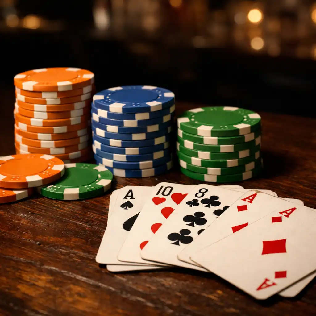 Close-up of poker chips in pumpkin orange, cornflower blue, and leafy green with playing cards on a dark wooden table