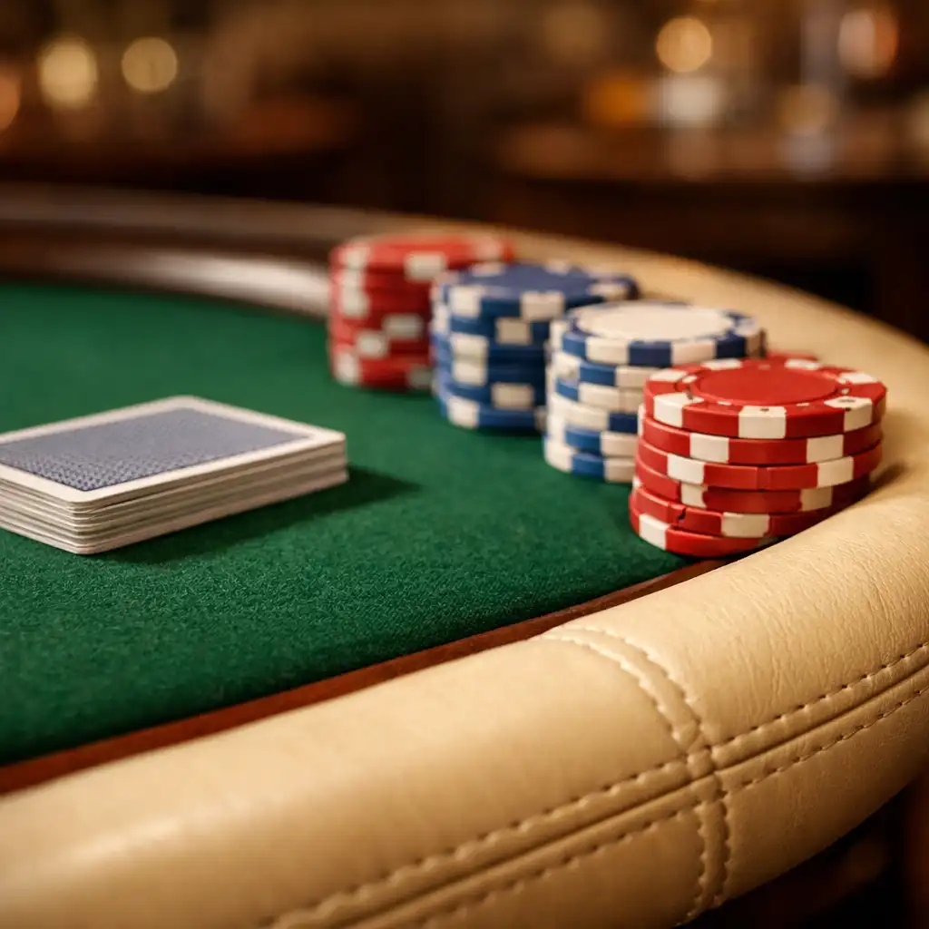 Close-up detail of a poker table edge with green felt, stacked cards, and clay chips in red, blue, and white