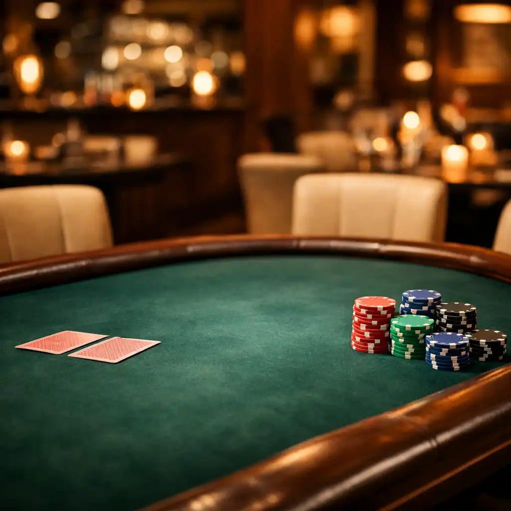 A luxurious physical poker table with green felt, cream chairs, playing cards, and clay chips in a warm restaurant setting
