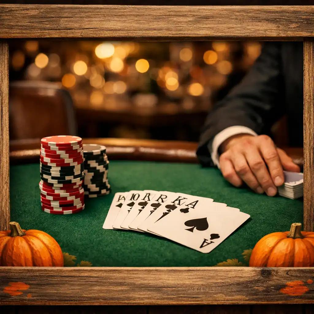 Felt-topped poker table with cards, chips, and hands in play