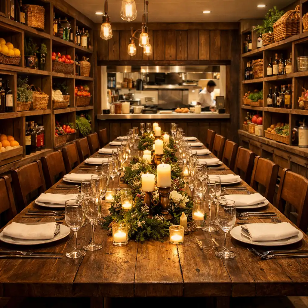 Private dining room with a long communal table surrounded by wooden crate shelves filled with fresh produce