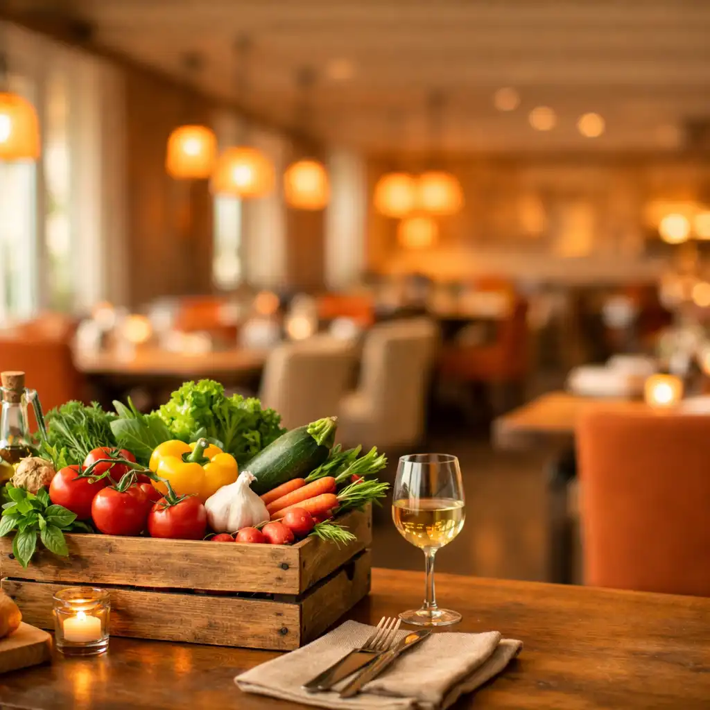 A warmly lit restaurant table with fresh produce in a wooden crate as a centrepiece, surrounded by elegant chairs and pendant lights