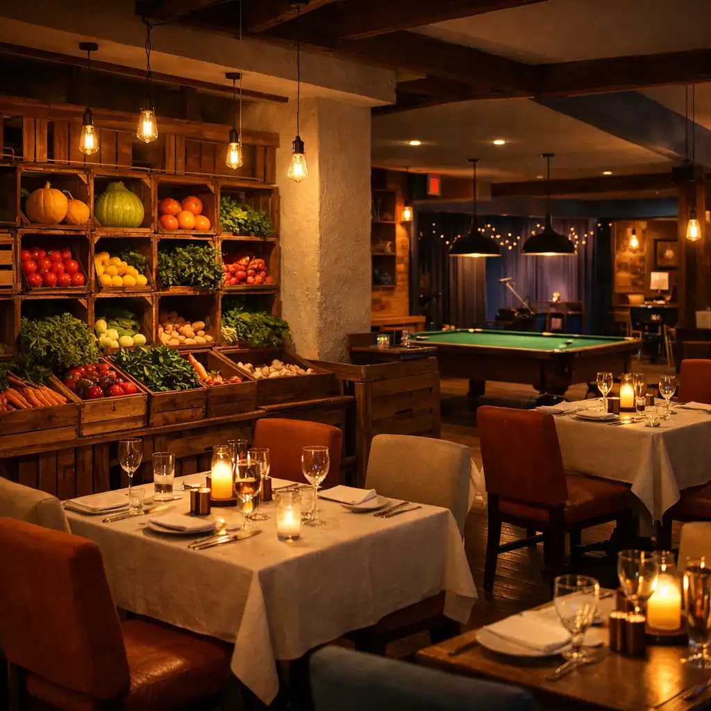 A wide-angle view of the restaurant interior at dusk, with warm lighting and a subtle evening entertainment area in the background