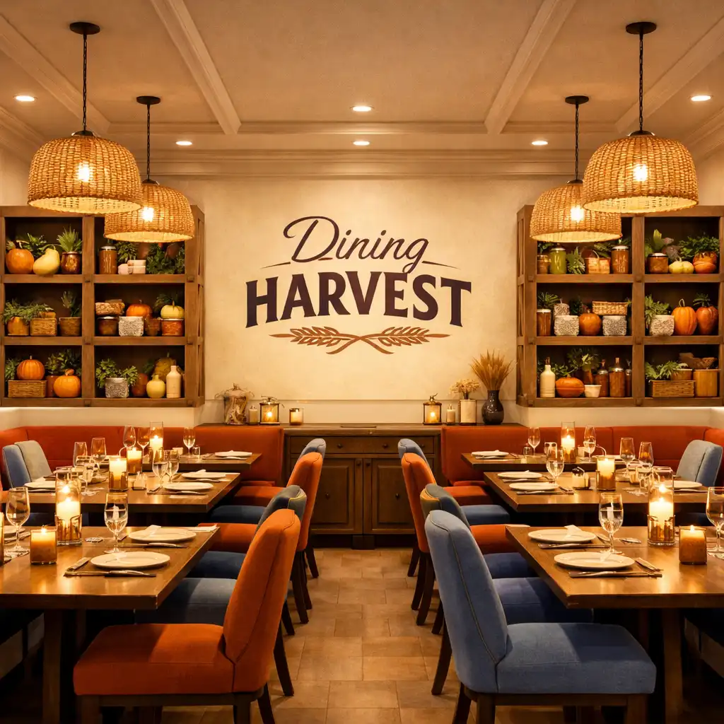 A wide-angle photograph of the Dining Harvest restaurant interior, featuring modern rustic decor with produce crate wall accents and warm cream tones.