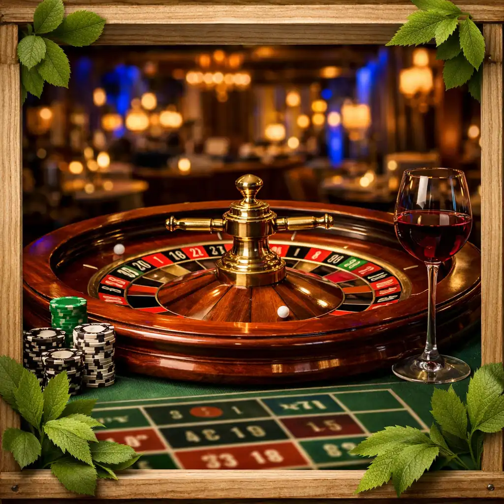 A roulette wheel and table with chips and a glass of wine