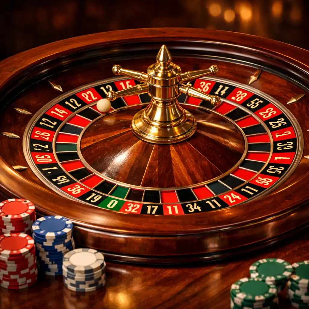Classic roulette wheel on a wooden table with chips nearby