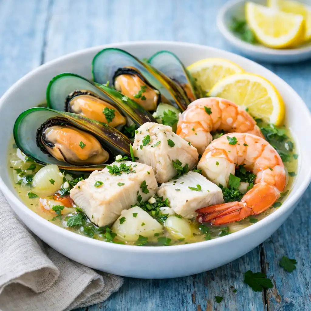 A bowl of seafood medley with green-lipped mussels, prawns, and fish in a white wine herb broth