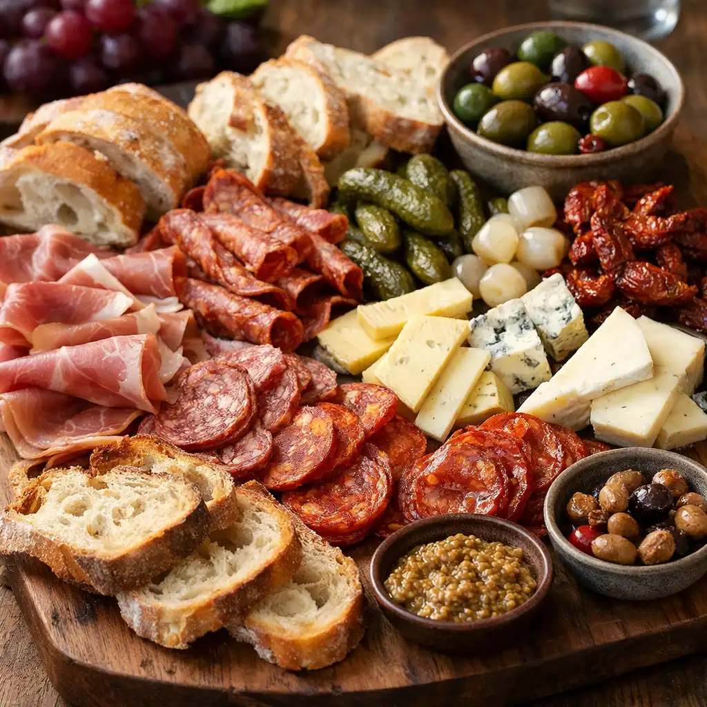 Charcuterie board with local cured meats, cheeses, and pickles