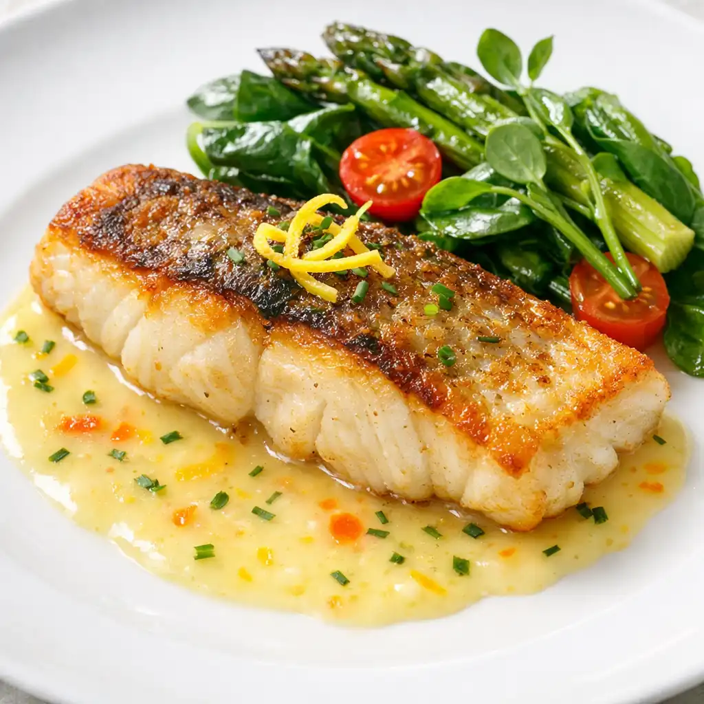 Pan-seared fish fillet with citrus beurre blanc and seasonal greens