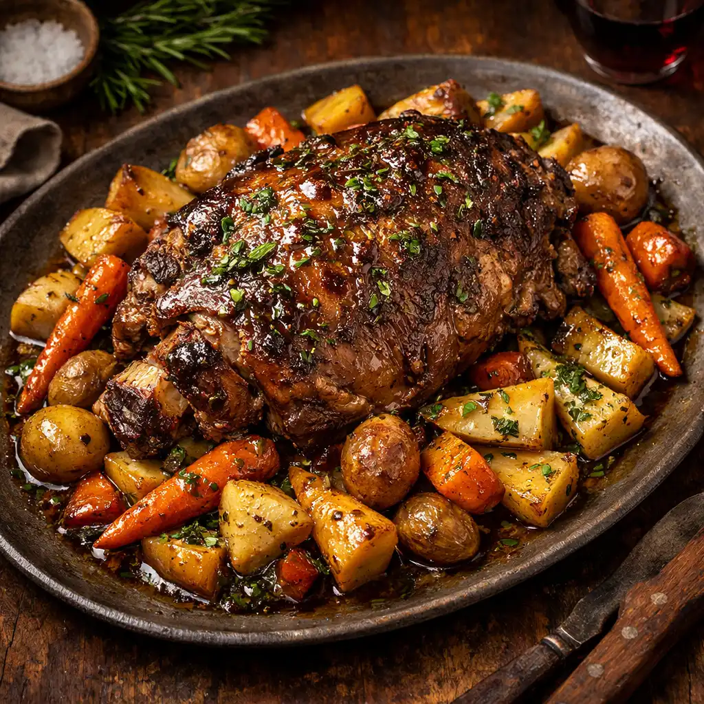 Slow-braised lamb shoulder with root vegetables and herb jus